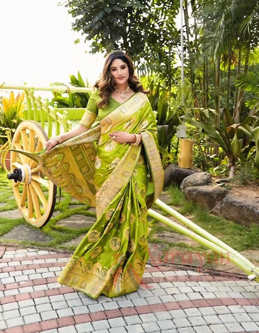 Exquisite Lime Green Banarasi Satin Silk Saree