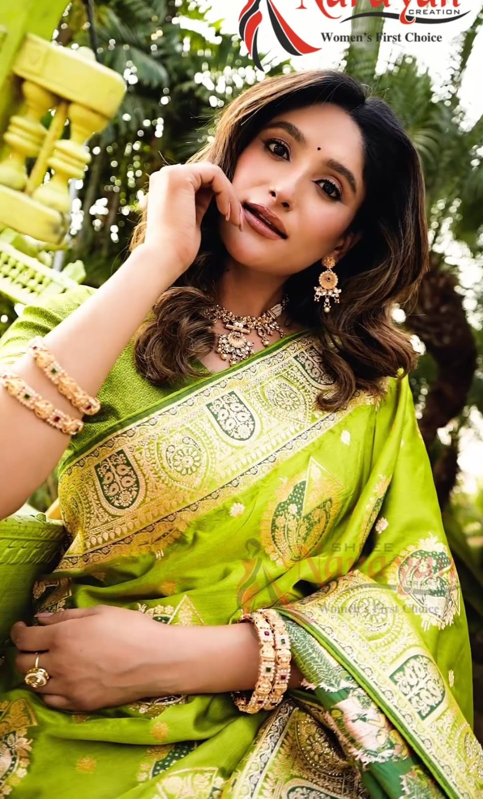 Exquisite Lime Green Banarasi Satin Silk Saree