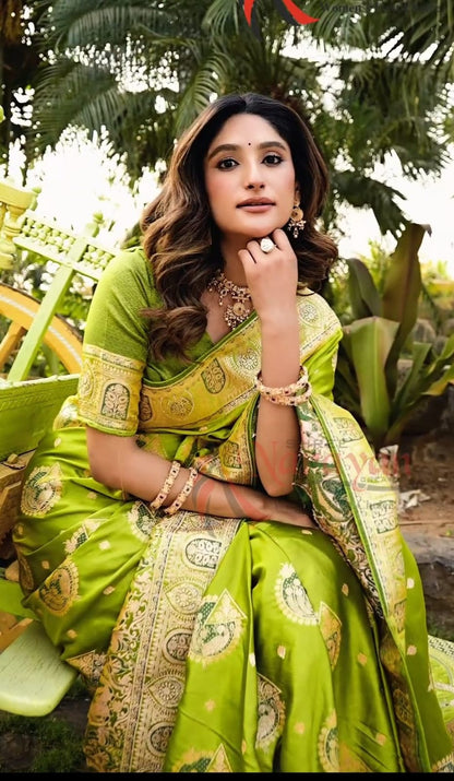 Exquisite Lime Green Banarasi Satin Silk Saree