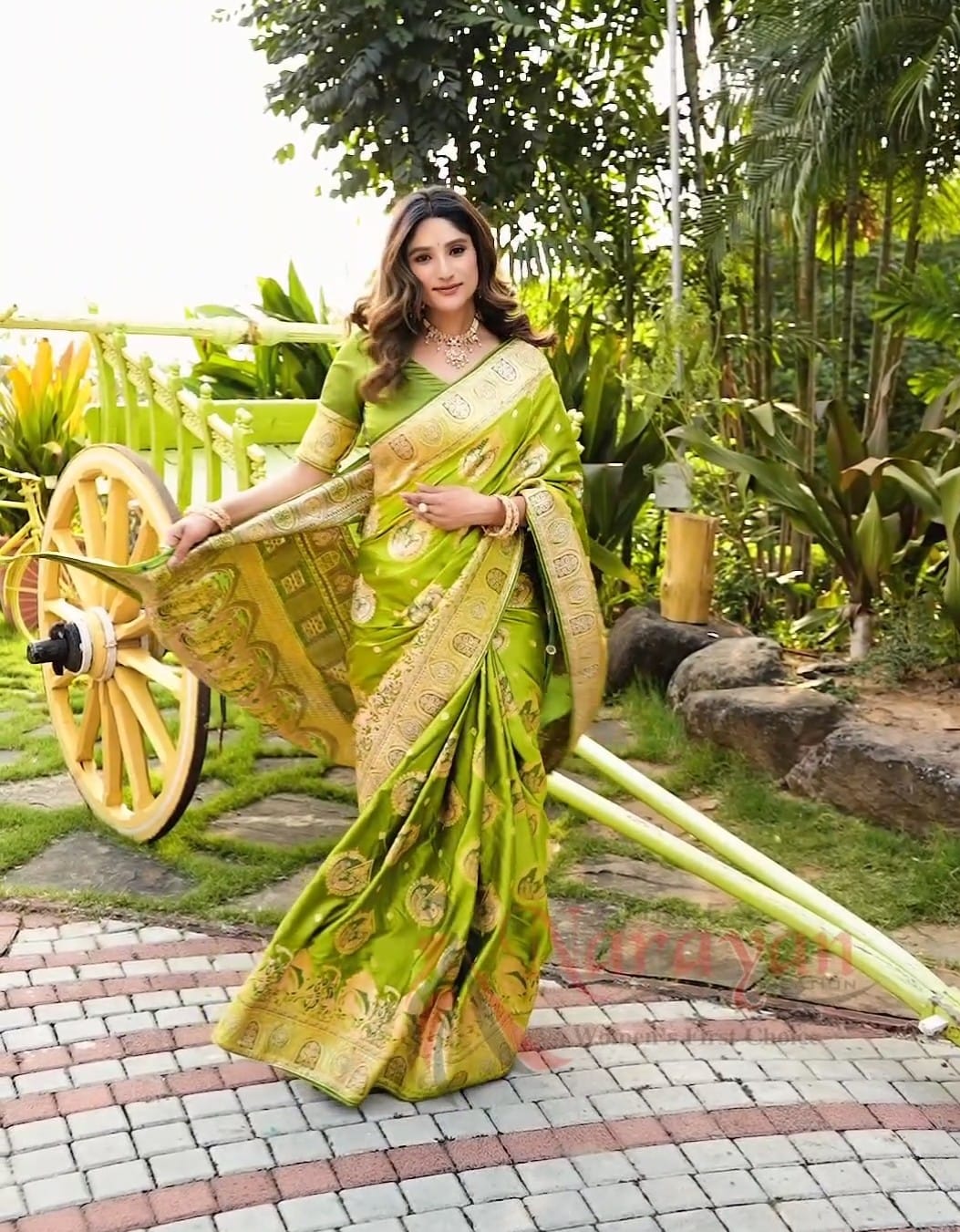 Exquisite Lime Green Banarasi Satin Silk Saree