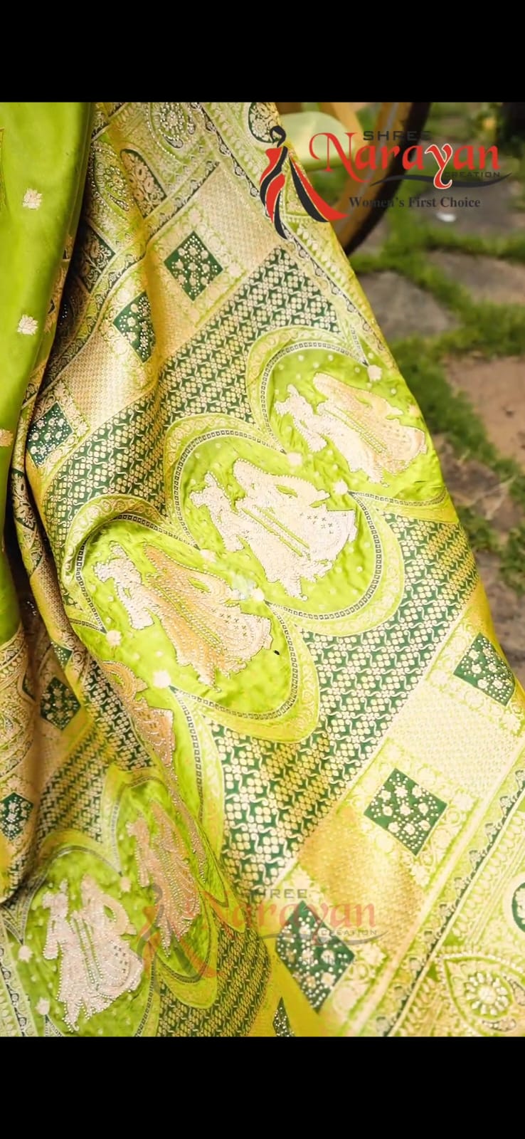 Exquisite Lime Green Banarasi Satin Silk Saree