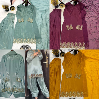 Elegant Pastel Blue Silk Suit with Golden Floral Embroidery Trim