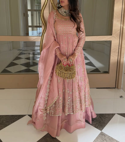 Rose Pink Hand Embroidered Kurta Sharara Set with Dupatta