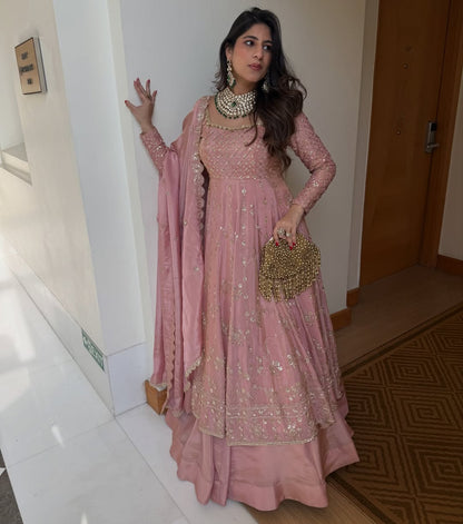 Rose Pink Hand Embroidered Kurta Sharara Set with Dupatta
