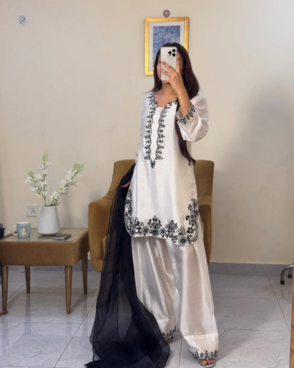 Classic White & Black Embroidered Suit