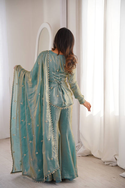 Soft Rose Gold Embellished Sharara Suit with Matching Dupatta