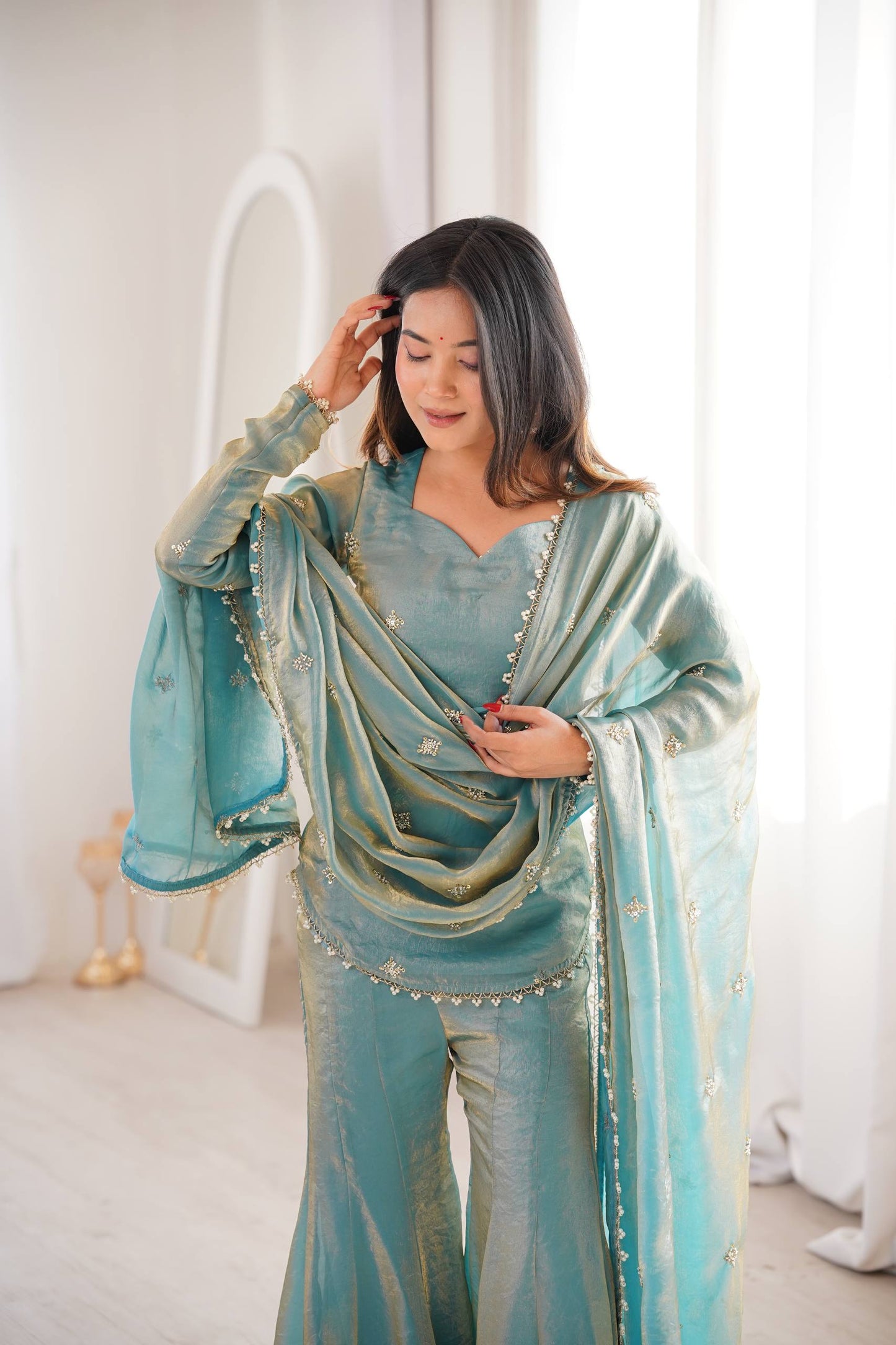 Soft Rose Gold Embellished Sharara Suit with Matching Dupatta