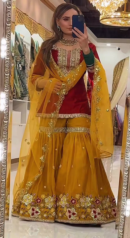 Royal Mehendi Special Green & Mustard Sharara Set