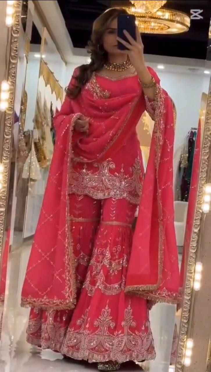Designer Heavy Embroidery Partywear Sharara Set