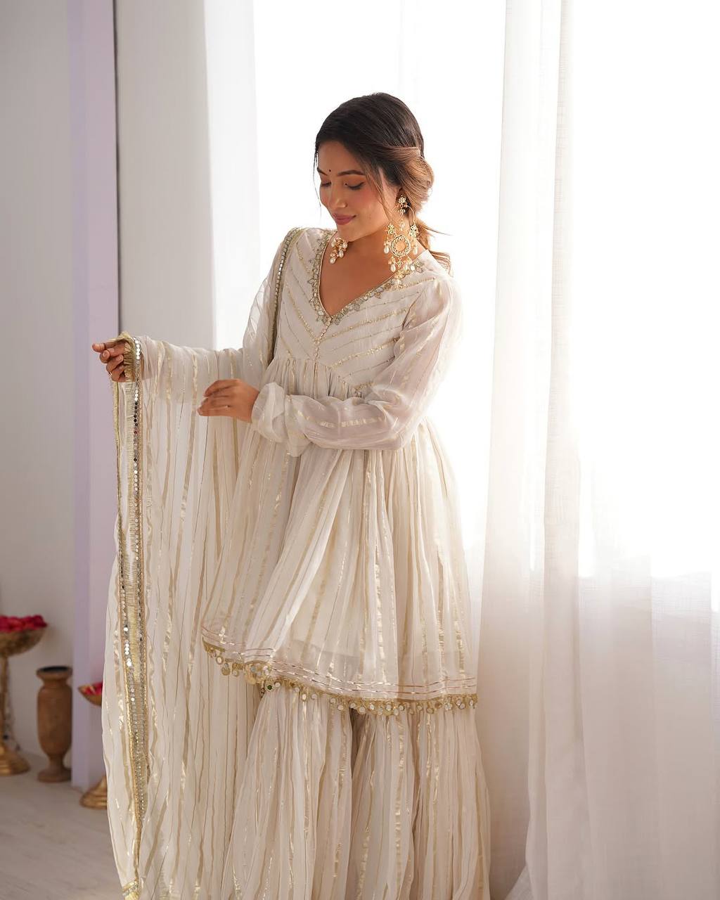Ethereal Elegance White Dress with Golden Embroidery