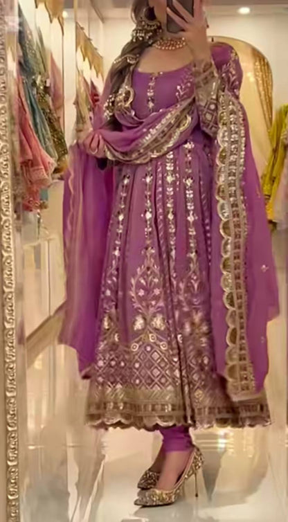 Enchanted Evening: Gold-Embroidered Purple Gown